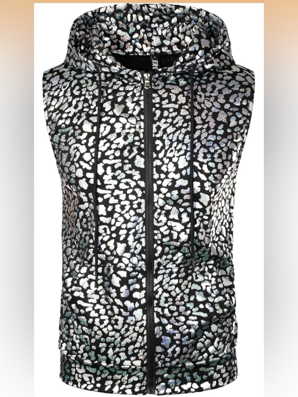 Holographic Silver Leopard Print Sleeveless Hoodie Men Shiny Metallic Zip Up